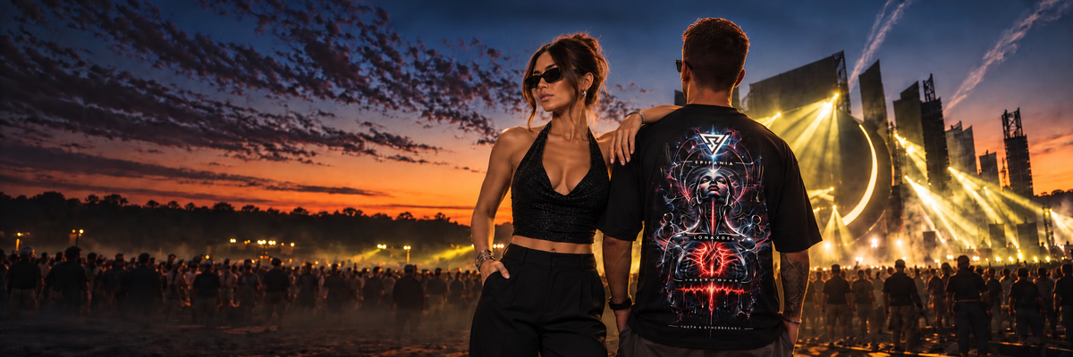 Casal em festival, com destaque para a camiseta masculina estampada SLB